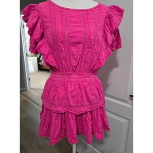 LoveShackFancy Pink Cotton Eyelet Smocked Ruffle Mini Dress Flutter Sleeve Small